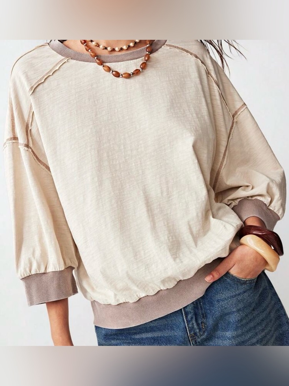 Relaxed Cream Short Sleeve Tee with Taupe Trim
